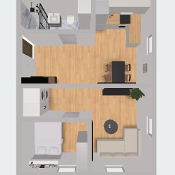 Golden Doors Nieruchomości Alan Fiszebrandt - Rzut z góry na dwupoziomowe mieszkanie: łazienka, kuchnia, jadalnia na górze; sypialnia, salon na dole. Jasne drewno, neutralne kolory, minimalistyczny design.