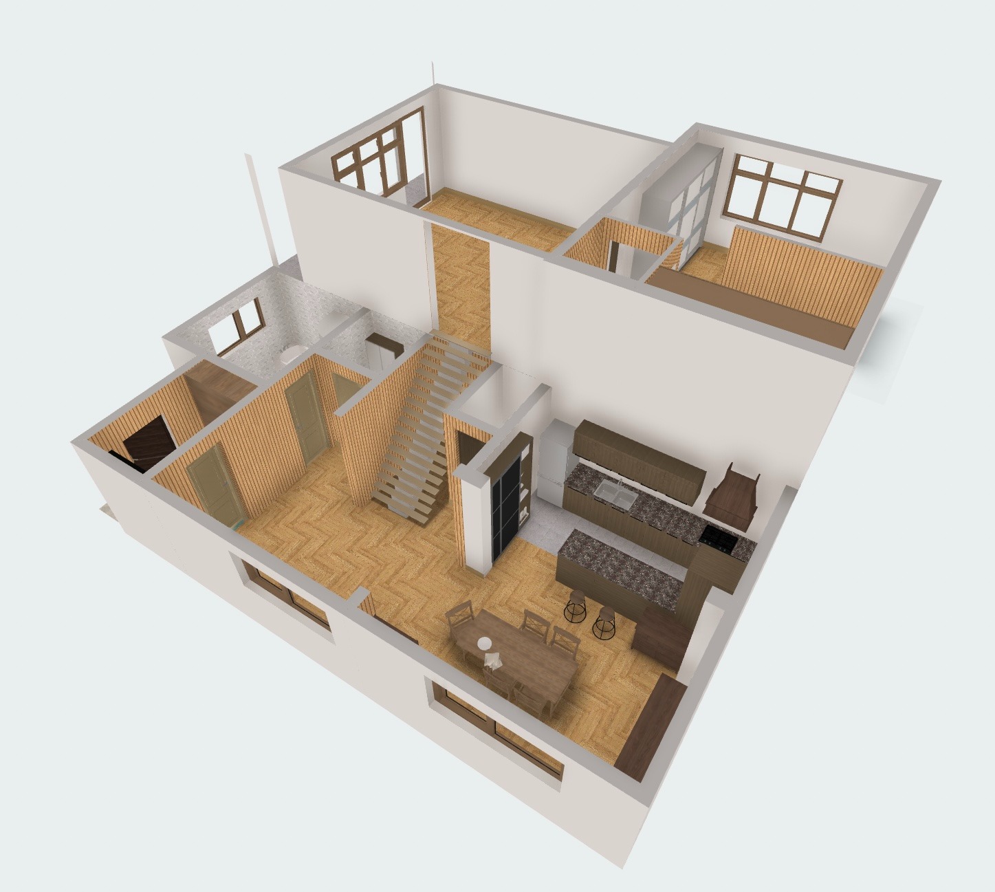 Rzut 3D domu z widoczną kuchnią, schodami i salonem. Układ pomieszczeń prezentowany z góry, z detalami wykończenia wnętrz i rozmieszczeniem mebli.