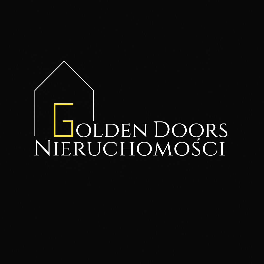 Logo Golden Doors Nieruchomości: biały obrys domu, żółta litera G, biały napis 'GOLDEN DOORS NIERUCHOMOŚCI' na czarnym tle. Minimalistyczny design.