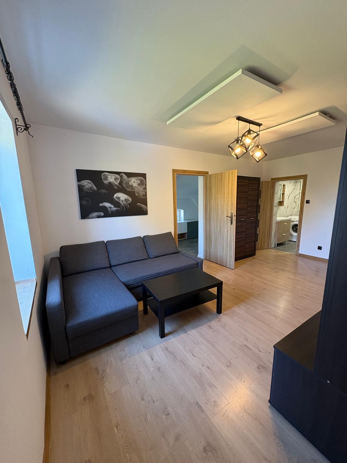 Jasne wnętrze mieszkania z szarą sofą narożną, czarnym stolikiem kawowym i grafiką z meduzami na ścianie. Widoczne drzwi do innych pomieszczeń i drewniana podłoga.