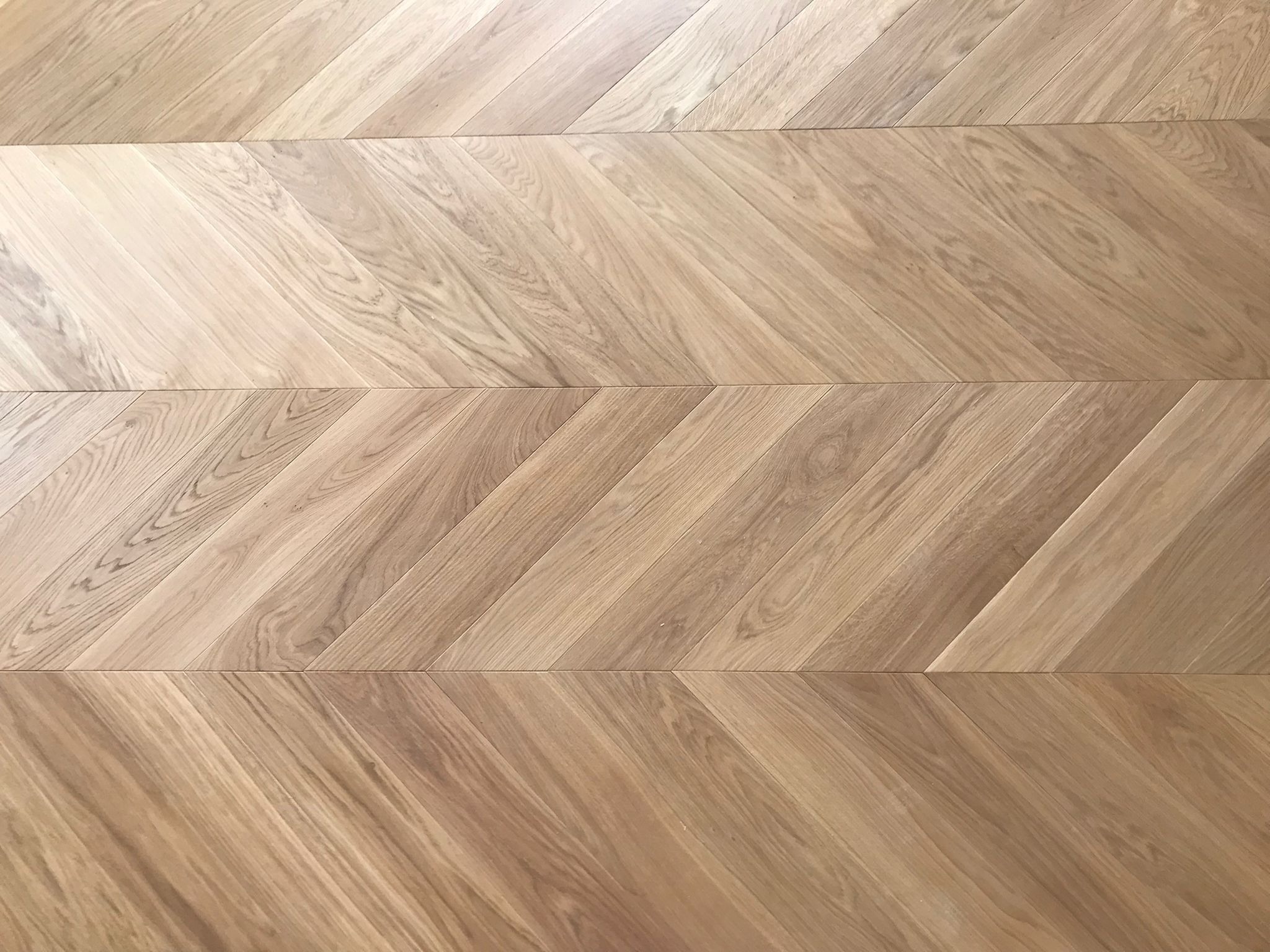 Jasna, dębowa podłoga ułożona we wzór jodełki francuskiej, z widocznymi słojami drewna i delikatnym połyskiem, wypełniająca całą klatkę zdjęcia.