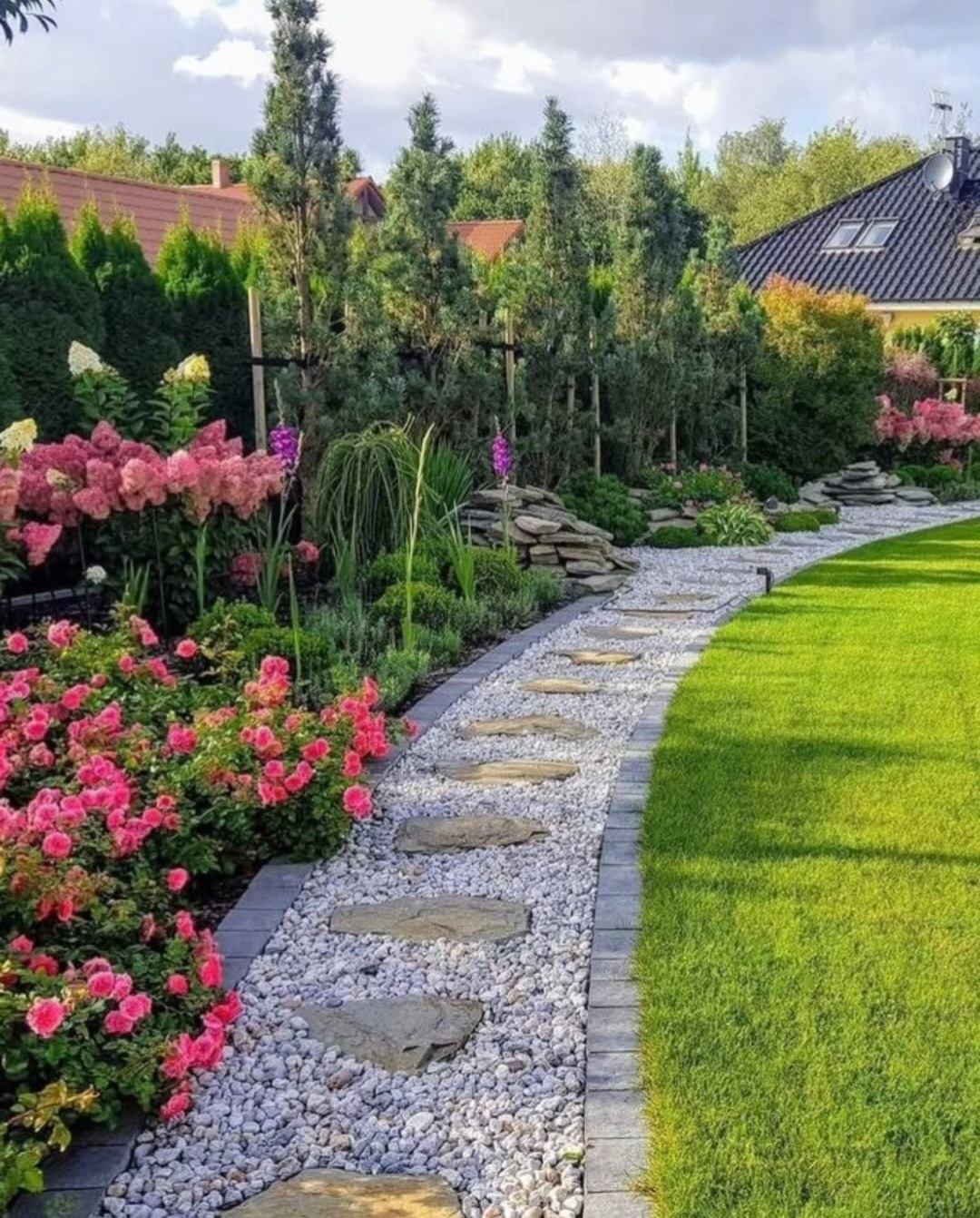 Urokliwy ogród z kamienną ścieżką, obrzeżami z kostki i kwitnącymi różowymi hortensjami. Trawa soczysta, a w tle iglaki i dom z ciemnym dachem.