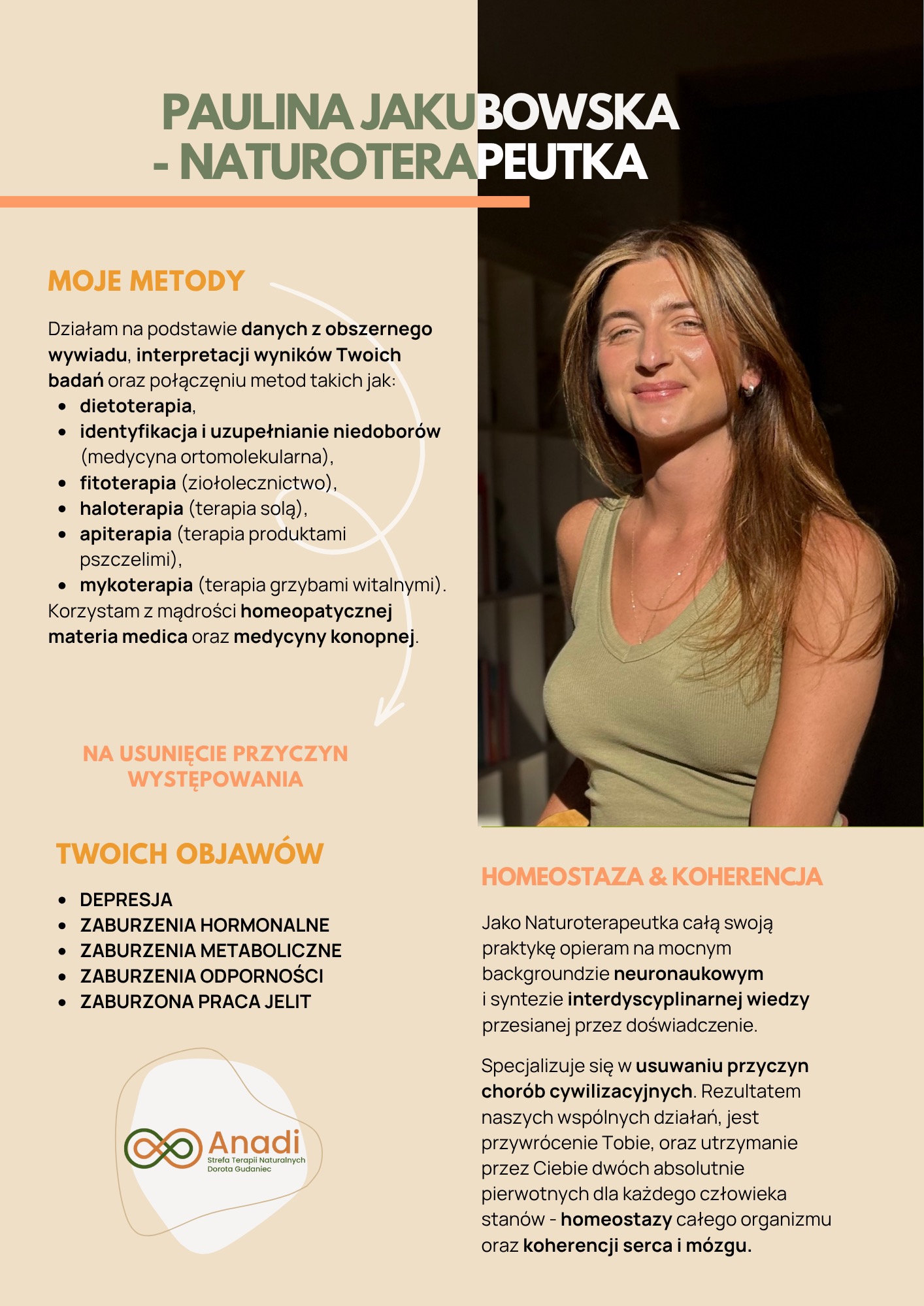 Portret uśmiechniętej naturoterapeutki Pauliny Jakubowskiej na tle tekstu o metodach terapii naturalnych i logo Anadi. Jasne, naturalne światło.