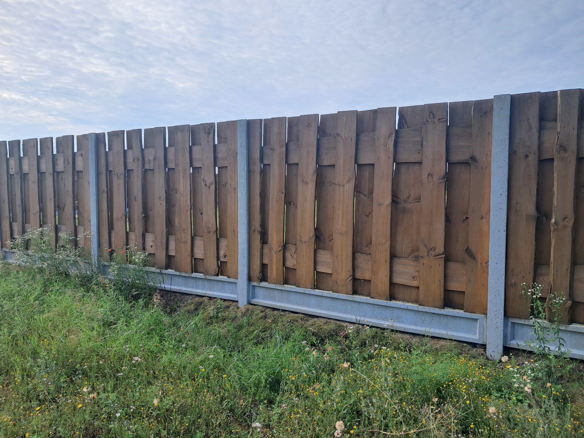Drewniany płot z betonowymi słupkami i podmurówką, widok z poziomu gruntu na tle pochmurnego nieba. Nieregularne deski tworzą unikalny wzór.