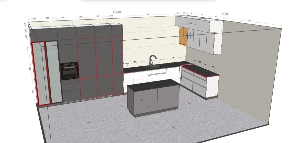 Wizualizacja 3D kuchni z szarymi szafkami, białymi blatami i wyspą. Widoczne wymiary na ścianach. Projekt kuchni na wymiar z nowoczesnym designem i oświetleniem.