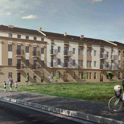 YN PROJECT SPÓŁKA Z OGRANICZONĄ ODPOWIEDZIALNOŚCIĄ - Wizualizacja budynku wielorodzinnego z balkonami, zieleń, ulica z samochodami, spacerujący ludzie i dziecko na rowerku. Jasna kolorystyka elewacji.