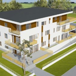 YN PROJECT SPÓŁKA Z OGRANICZONĄ ODPOWIEDZIALNOŚCIĄ - Wizualizacja 3D nowoczesnego, trzypiętrowego budynku mieszkalnego z balkonami w Krakowie. Biała elewacja, drewniane akcenty, otoczenie zieleni.