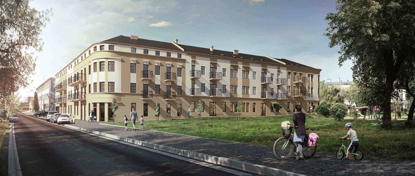 Wizualizacja budynku wielorodzinnego z balkonami, zieleń, ulica z samochodami, spacerujący ludzie i dziecko na rowerku. Jasna kolorystyka elewacji.