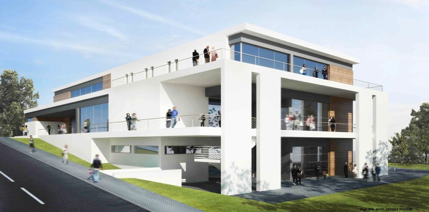 Wizualizacja budynku usługowego z białymi elewacjami, balkonami i dużymi oknami. Na balkonach widoczne sylwetki ludzi. Ujęcie z dołu, podkreślające nowoczesną architekturę.
