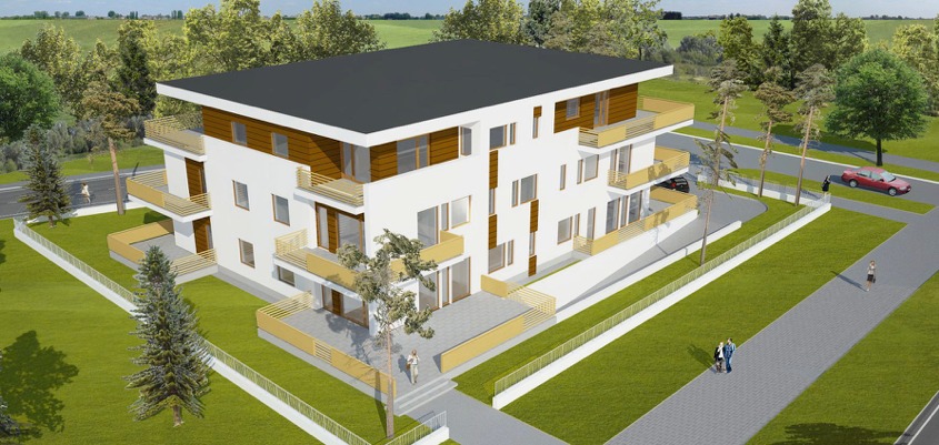 Wizualizacja 3D nowoczesnego, trzypiętrowego budynku mieszkalnego z balkonami w Krakowie. Biała elewacja, drewniane akcenty, otoczenie zieleni.