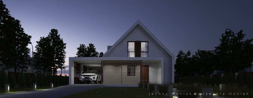 Wizualizacja nowoczesnego domu jednorodzinnego z podjazdem i samochodem w garażu, oświetlonego w nocy. Minimalistyczna architektura z dwuspadowym dachem i elementami drewnianymi.