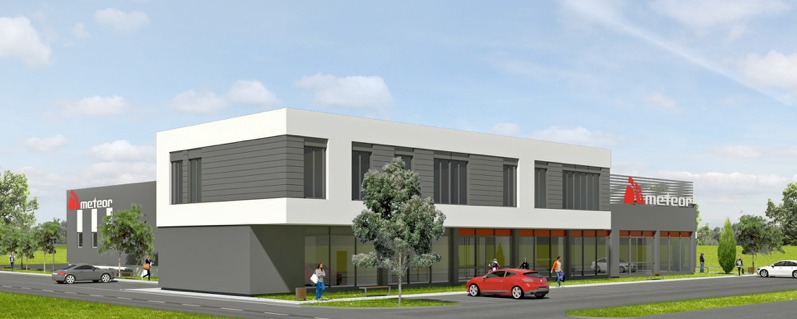 Wizualizacja 3D nowoczesnego budynku biurowego z logo firmy Meteor, otoczonego zielenią i samochodami, prezentująca projekt architektoniczny.