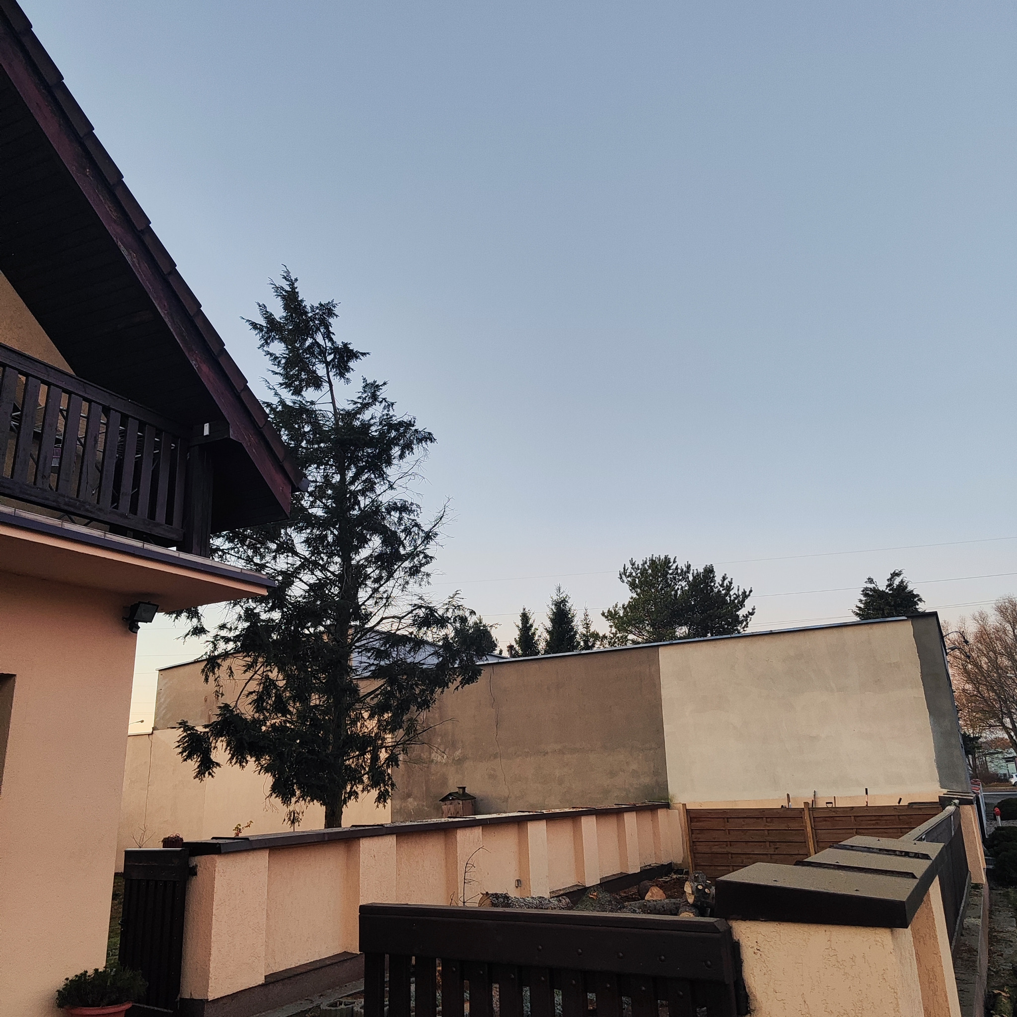 Widok z balkonu na wysokie drzewo iglaste, ogrodzenie i budynek w tle, w spokojny dzień. Fragment dachu i balustrady balkonu w lewym górnym rogu kadru.