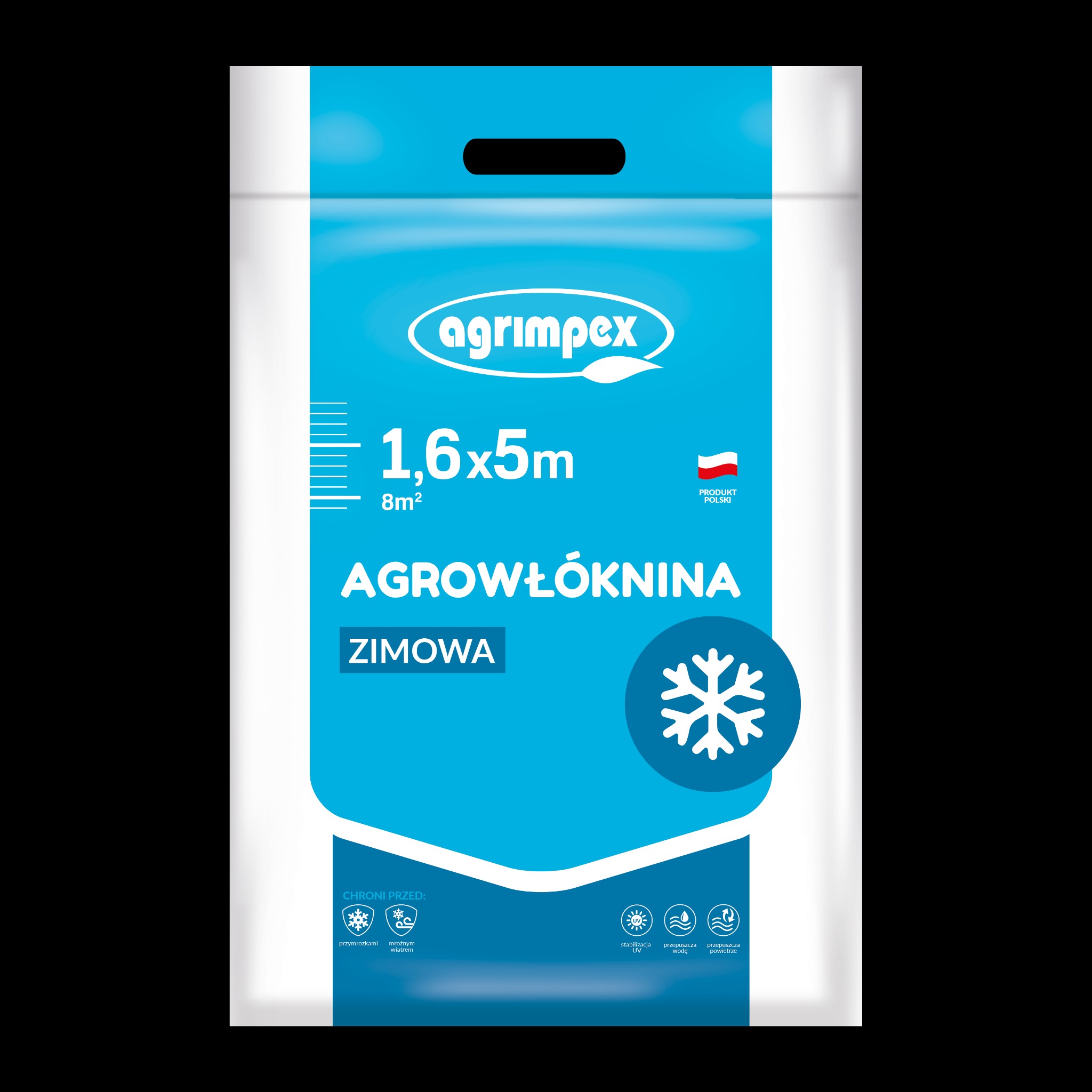 Opakowanie agrowłókniny zimowej Agrimpex o wymiarach 1,6x5m, chroniącej przed przymrozkami i wiatrem. Produkt polski, przepuszczający wodę i powietrze, stabilizacja UV.