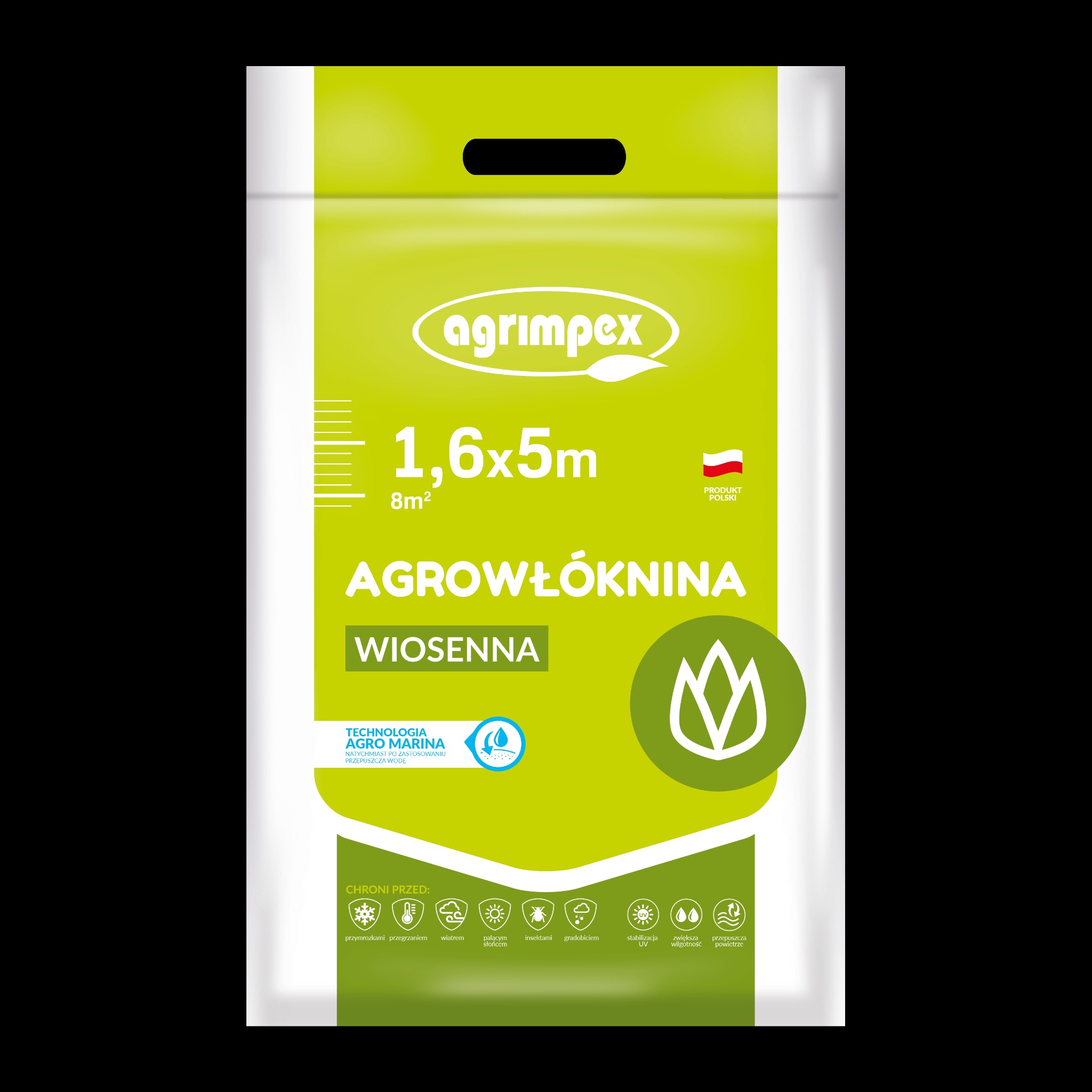 Opakowanie agrowłókniny wiosennej Agro Marina o wymiarach 1,6x5m, z logo Agrimpex i informacją o ochronie przed przymrozkami, wiatrem i insektami. Produkt polski.