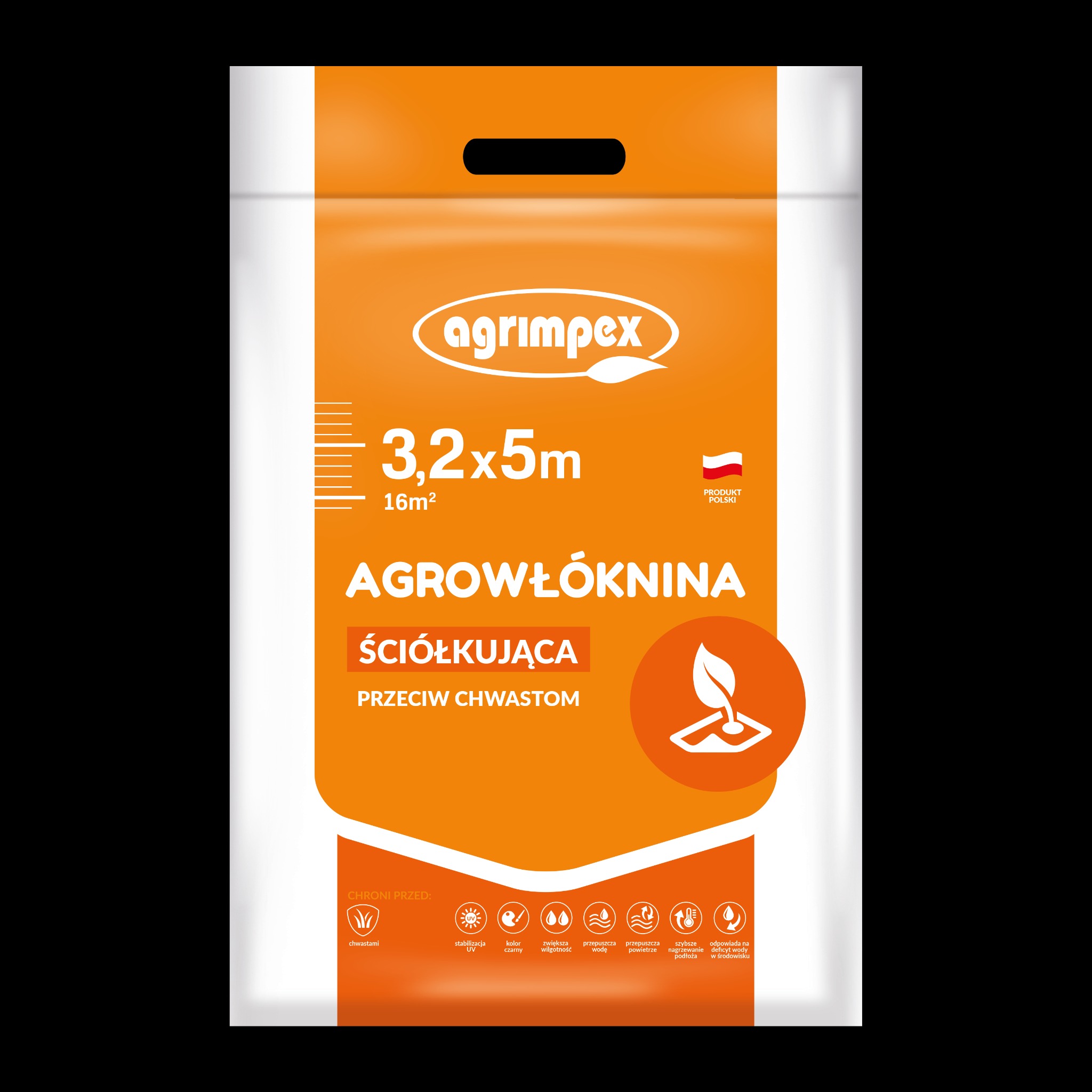 Agrowłóknina ściółkująca Agrimpex 3,2x5m, 16m², chroniąca przed chwastami i nadmiernym parowaniem wody z gleby. Produkt polski z stabilizacją UV i kolorem czarnym.