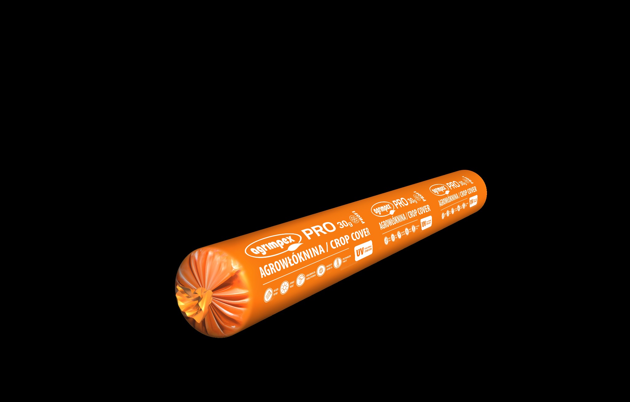 Pomarańczowa rolka agrowłókniny Agrimpex PRO 30g na czarnym tle. Widoczne logo i napisy informujące o właściwościach produktu, takich jak ochrona przed UV i szkodnikami.