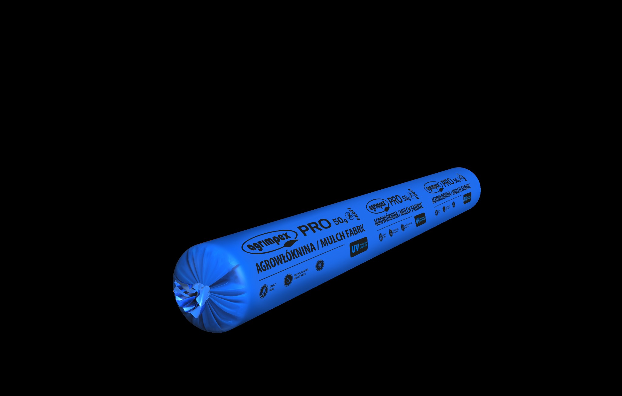 Niebieska rolka agrowłókniny Agrimpex PRO 50 g/m² na czarnym tle. Produkt do ściółkowania, blokuje światło i przepuszcza wodę. Ochrona przed chwastami bez chemii.