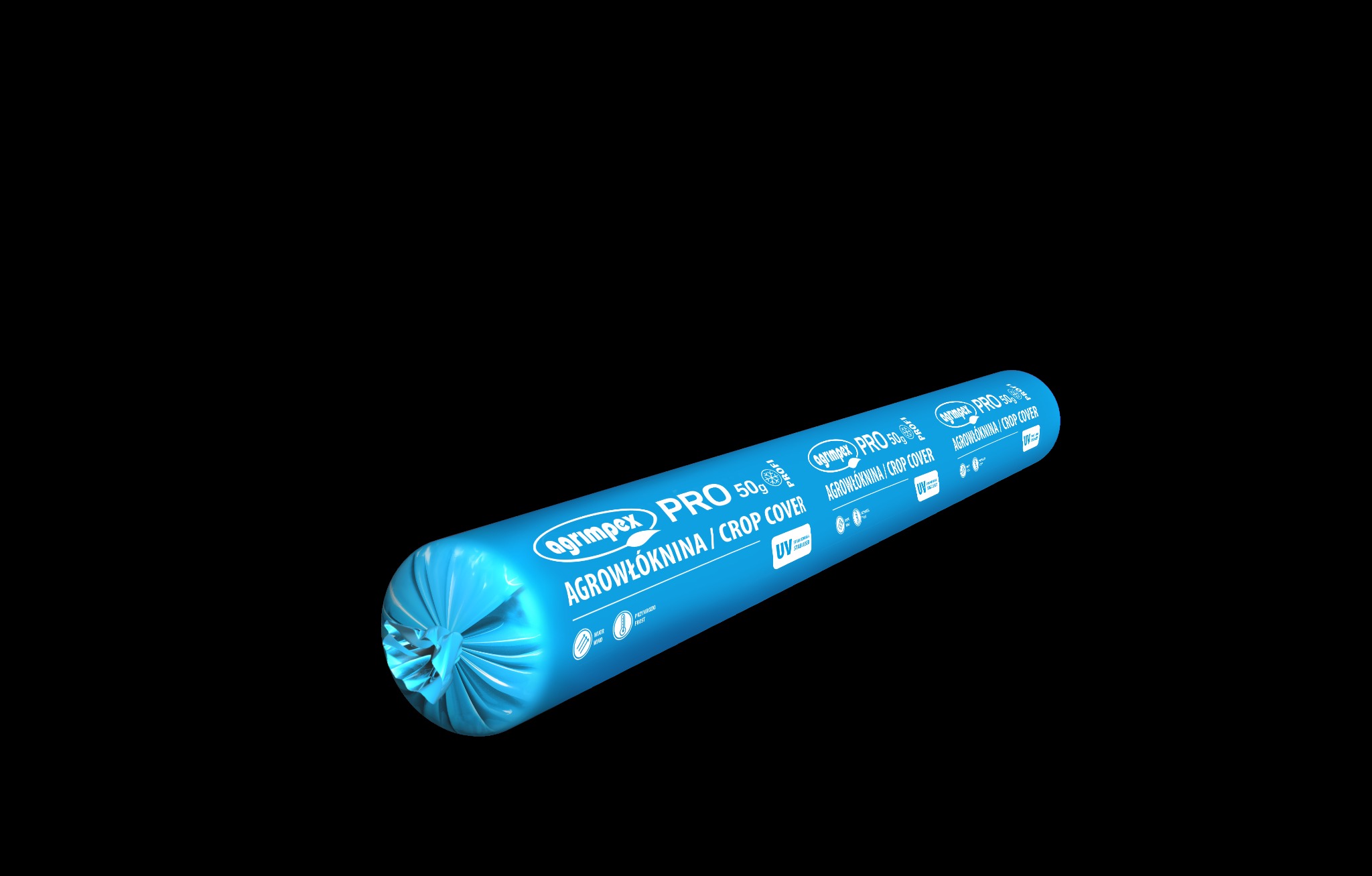 Niebieska rolka agrowłókniny Agrimpex PRO 50g/m² na czarnym tle. Produkt do ochrony roślin przed mrozem, śniegiem i wiatrem. Widoczne logo i napisy na opakowaniu.