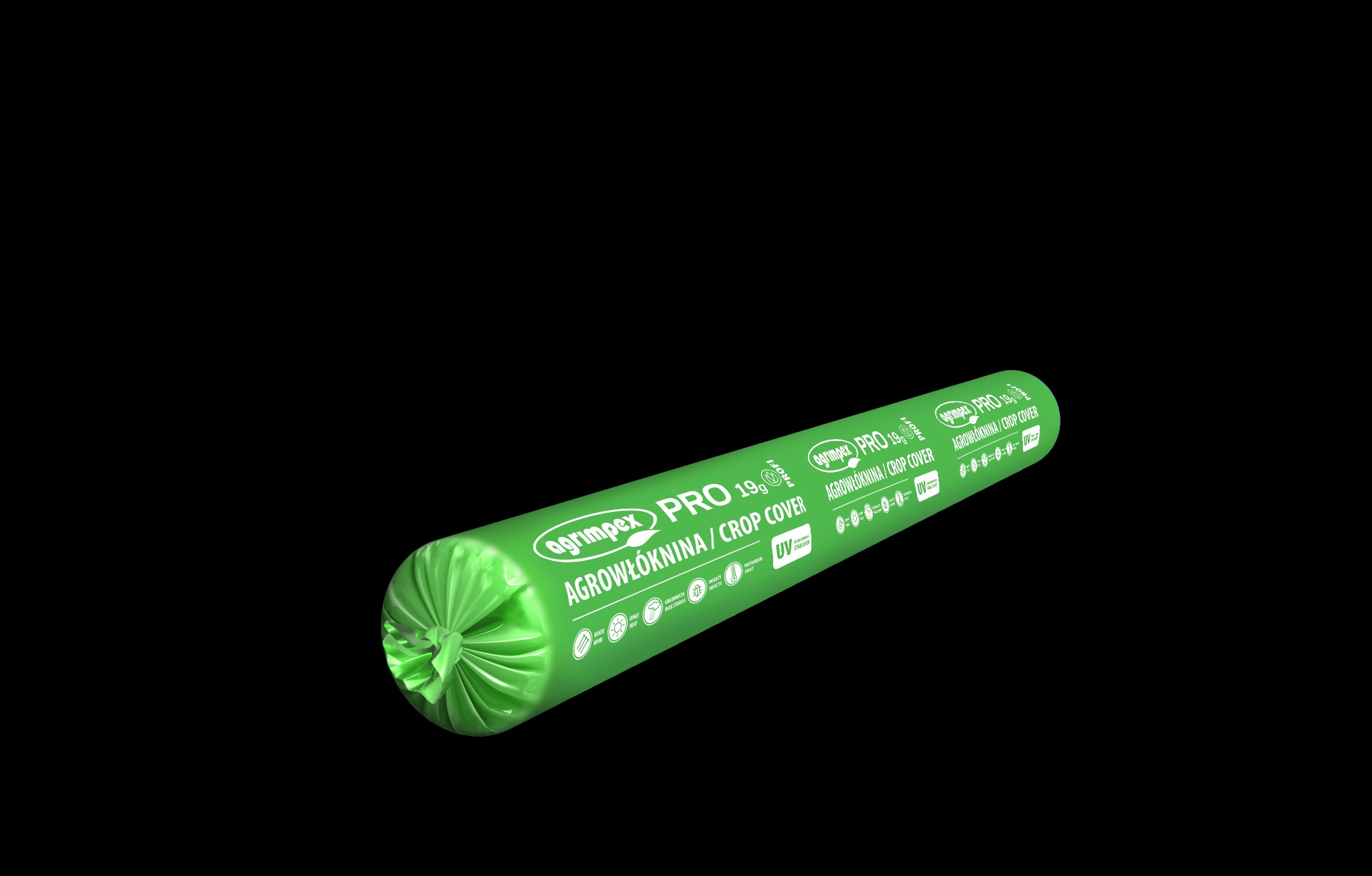 Rolka zielonej agrowłókniny Agrimpex PRO 19 g/m² na czarnym tle. Ochrona roślin przed przymrozkami, wiatrem i parowaniem. Widoczne logo i oznaczenia UV.