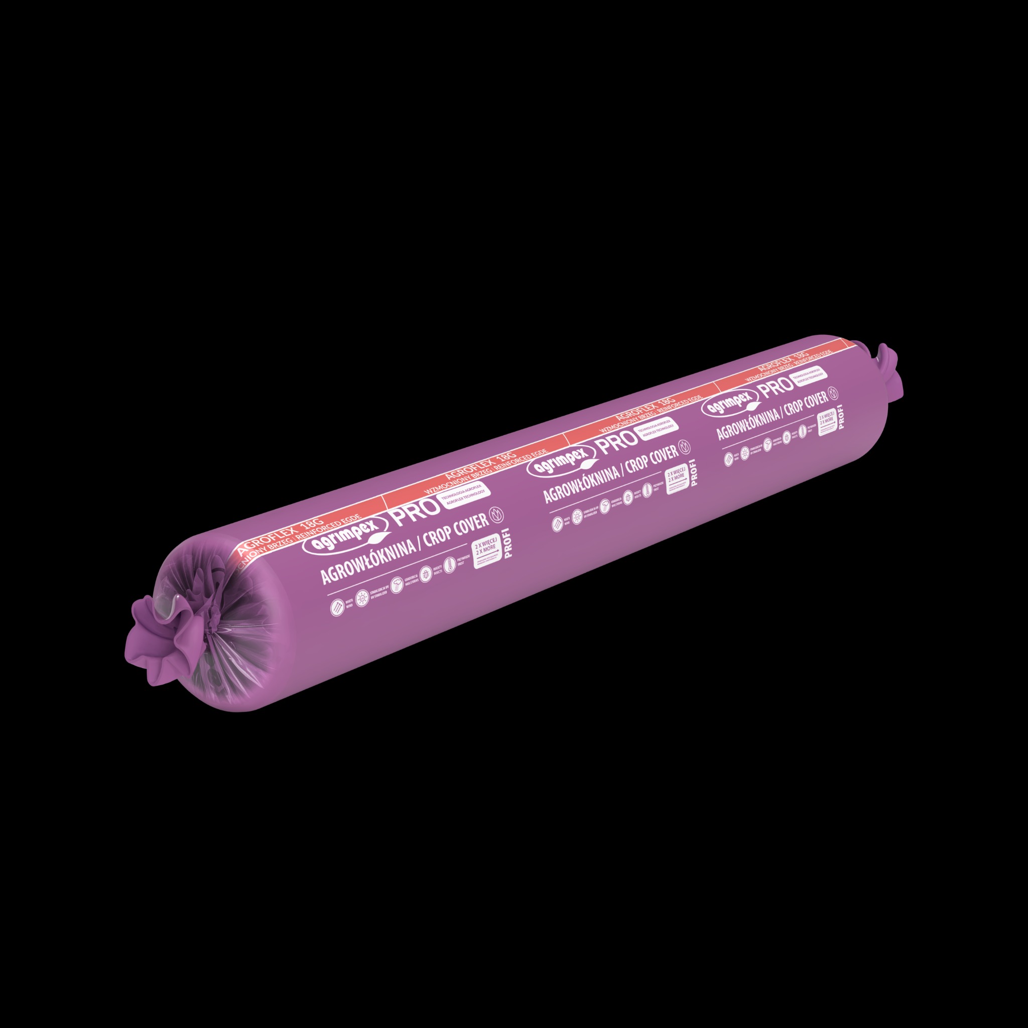 Rola fioletowej agrowłókniny AGRIMPEX PRO z technologią Agroflex 18g, przeznaczona do osłaniania upraw i zabezpieczania nowalijek, na czarnym tle.