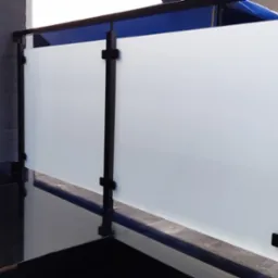 Nowoczesna balustrada z matowego szkła i czarnych, metalowych słupków, zamontowana na ciemnej, błyszczącej posadzce, z widocznym fragmentem drzwi wejściowych.