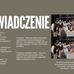 ANNA MATYJA - Prezentacja usług: projektowanie grafik, ulotek, plakatów, fotografia portretowa i reportażowa, produkcja wideo. Grupa osób w strojach ludowych na zdjęciach.
