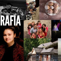 ANNA MATYJA - Kolaż różnorodnych zdjęć: portret, grupa osób w okularach, niemowlęta, muzycy, pączki, procesja, monstrancja, drewniany dom, skaczące osoby. Napis 'FOTOGRAFIA'.