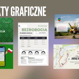 ANNA MATYJA - Zestawienie projektów graficznych: logo gminy, statystyki bezrobocia, kalendarz wyborczy, podziękowania i zaproszenie na drogę krzyżową. Różnorodność wizualna.
