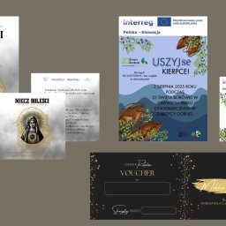 ANNA MATYJA - Zestaw materiałów promocyjnych: plakaty wydarzeń kulturalnych, voucher rabatowy na balie z jacuzzi, ulotki projektu Interreg Polska-Słowacja. Różnorodna grafika.