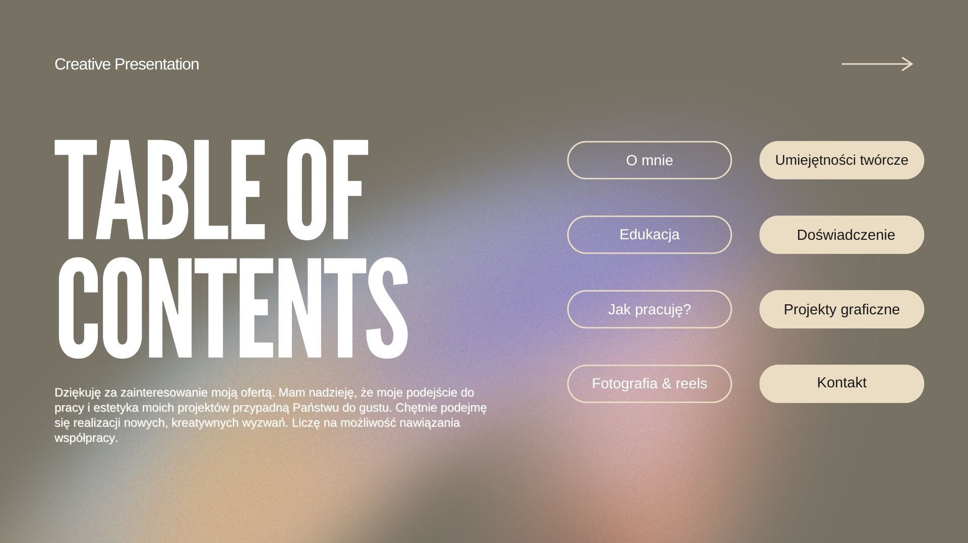 Graficzna prezentacja oferty z nagłówkiem 'Table of Contents', opisem i przyciskami nawigacyjnymi: O mnie, Edukacja, Jak pracuję?, Fotografia & reels, Kontakt.