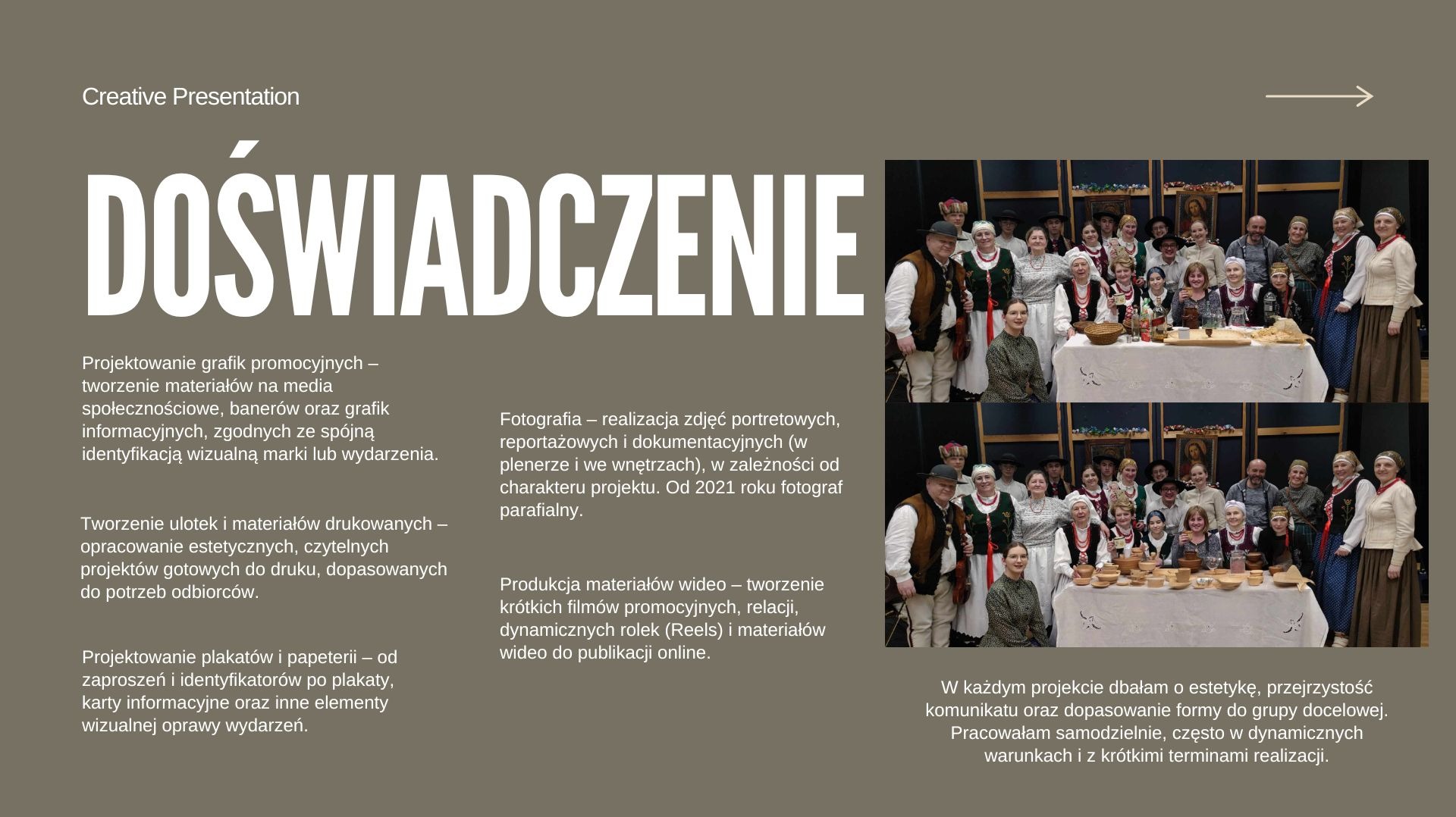 Prezentacja usług: projektowanie grafik, ulotek, plakatów, fotografia portretowa i reportażowa, produkcja wideo. Grupa osób w strojach ludowych na zdjęciach.