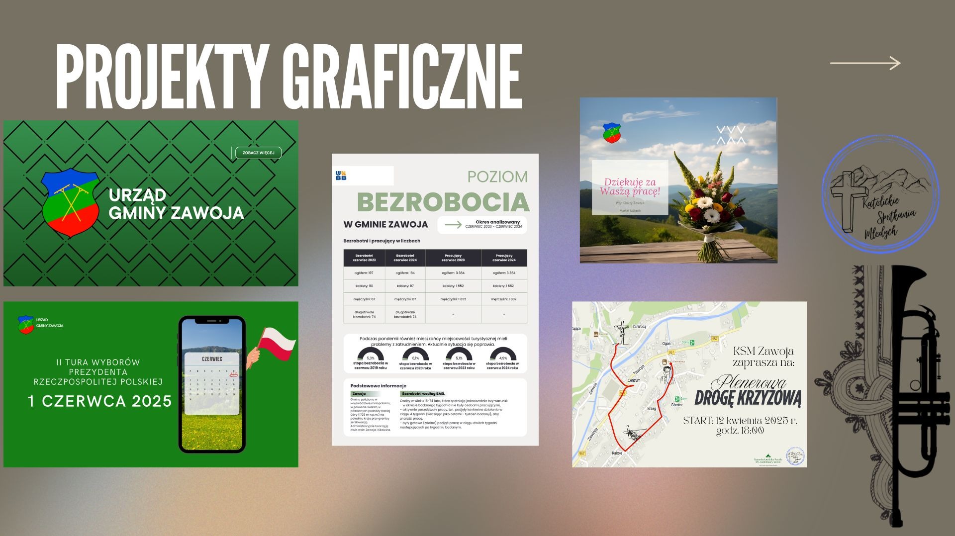 Zestawienie projektów graficznych: logo gminy, statystyki bezrobocia, kalendarz wyborczy, podziękowania i zaproszenie na drogę krzyżową. Różnorodność wizualna.
