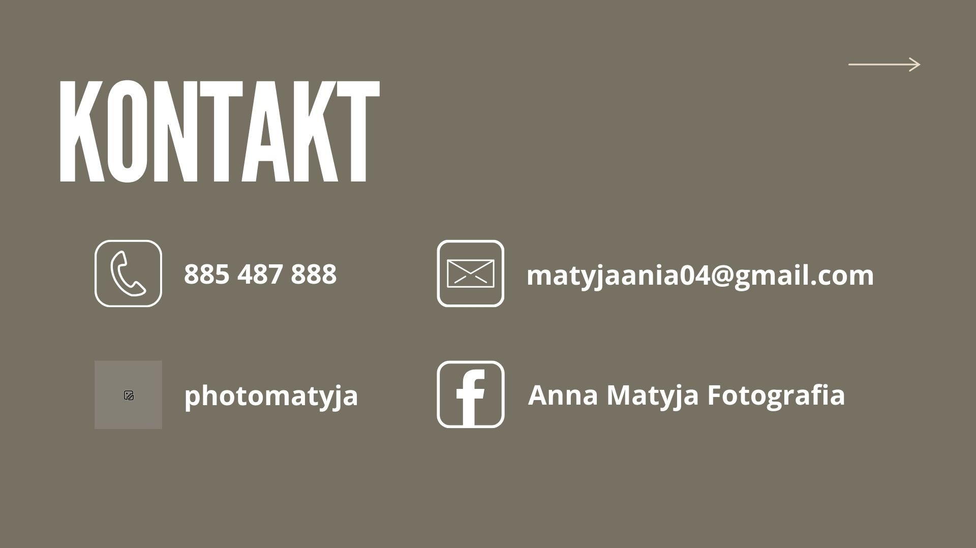 Dane kontaktowe firmy z Zawoi: numer telefonu, adres e-mail, link do strony internetowej i profilu na Facebooku. Minimalistyczny design na stonowanym tle.