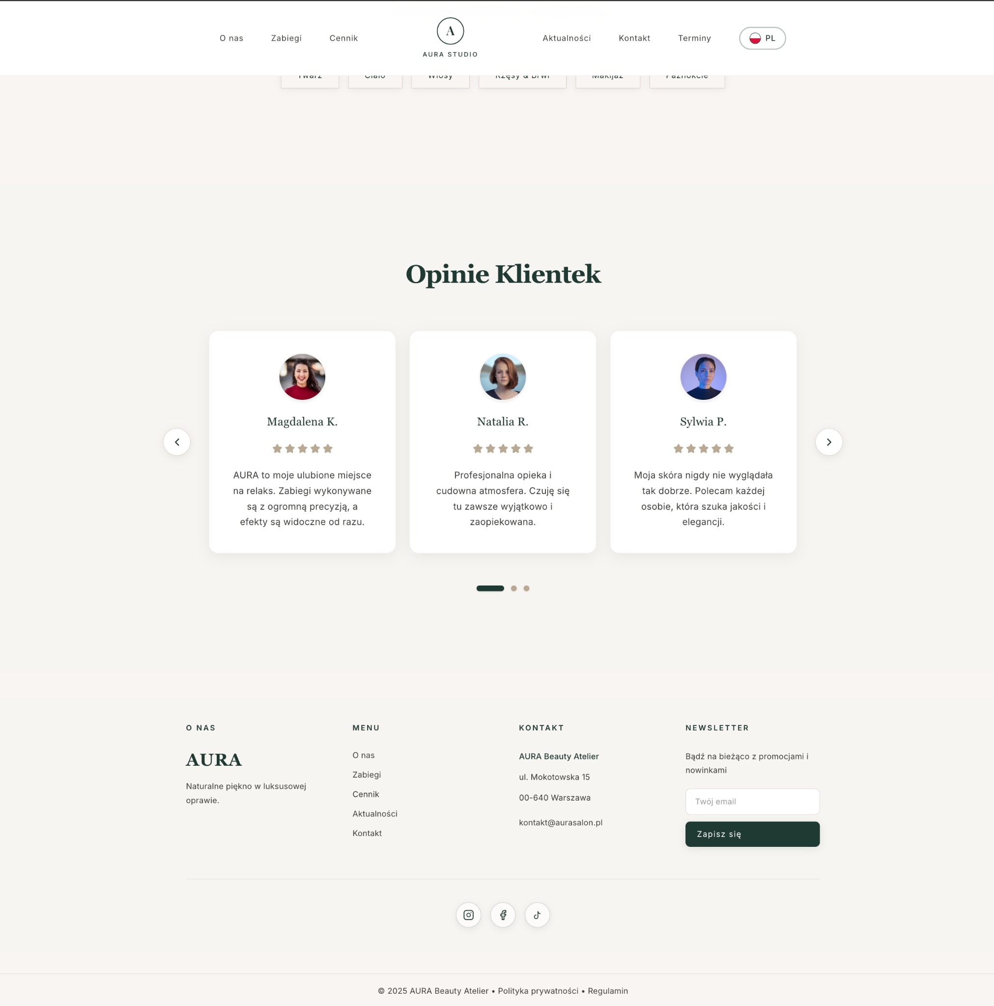 Opinie klientek salonu kosmetycznego Aura Beauty Atelier, prezentowane w formie karuzeli z portretami i ocenami, na jasnym tle strony internetowej.