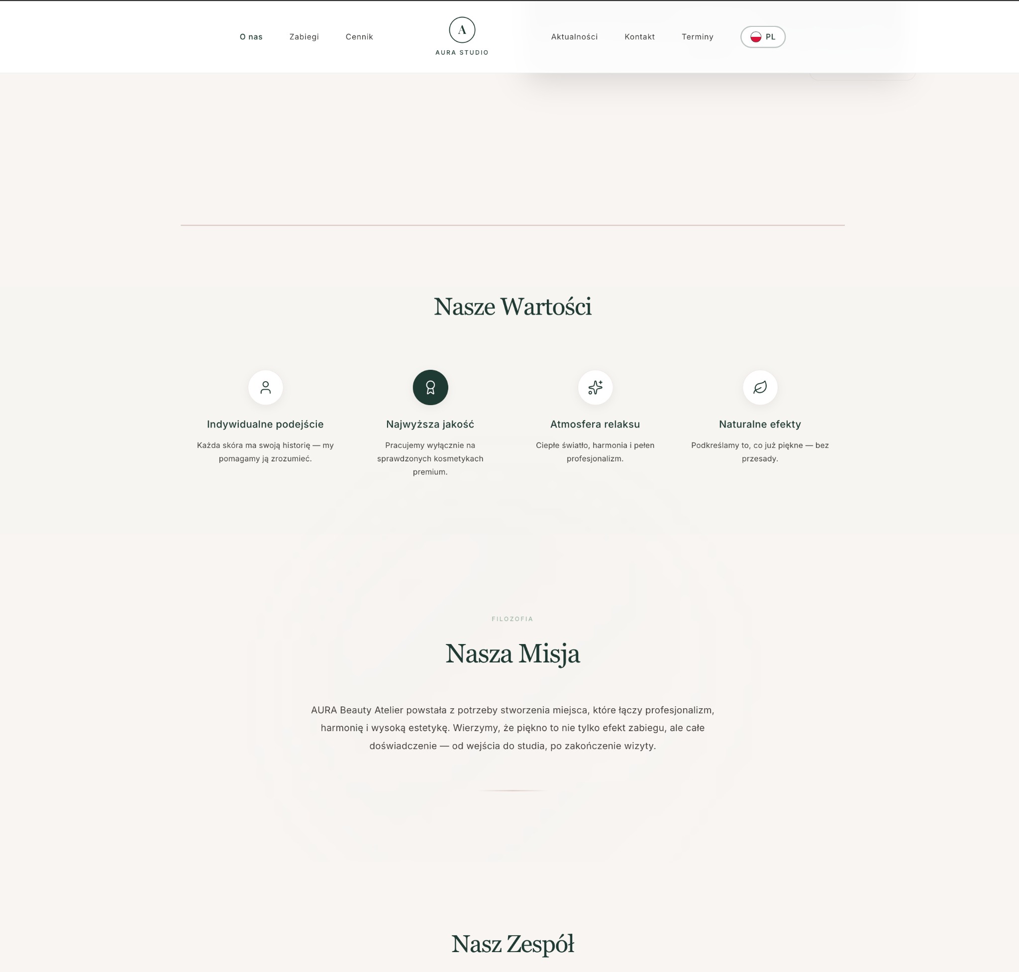 Minimalistyczna strona internetowa studia urody z sekcjami 'Nasze Wartości' i 'Nasza Misja', prezentująca indywidualne podejście i naturalne efekty zabiegów.