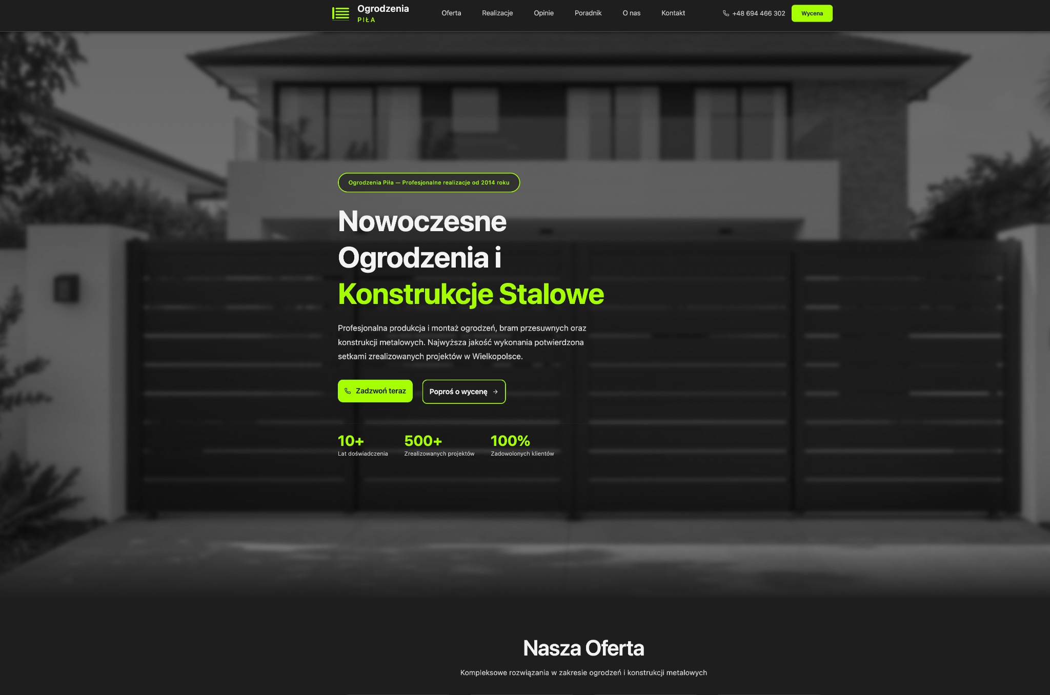 Strona internetowa firmy Ogrodzenia Piła z nowoczesnym designem. Prezentacja oferty ogrodzeń i konstrukcji stalowych. Widoczne menu, przyciski CTA i informacje o firmie.