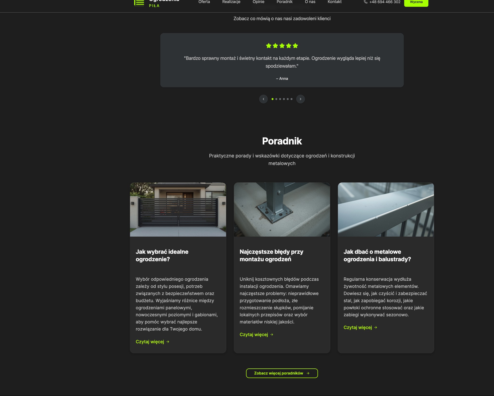 Strona internetowa firmy z poradami o ogrodzeniach: wybór, montaż, konserwacja. Prezentacja artykułów z miniaturami i linkami 'Czytaj więcej'.