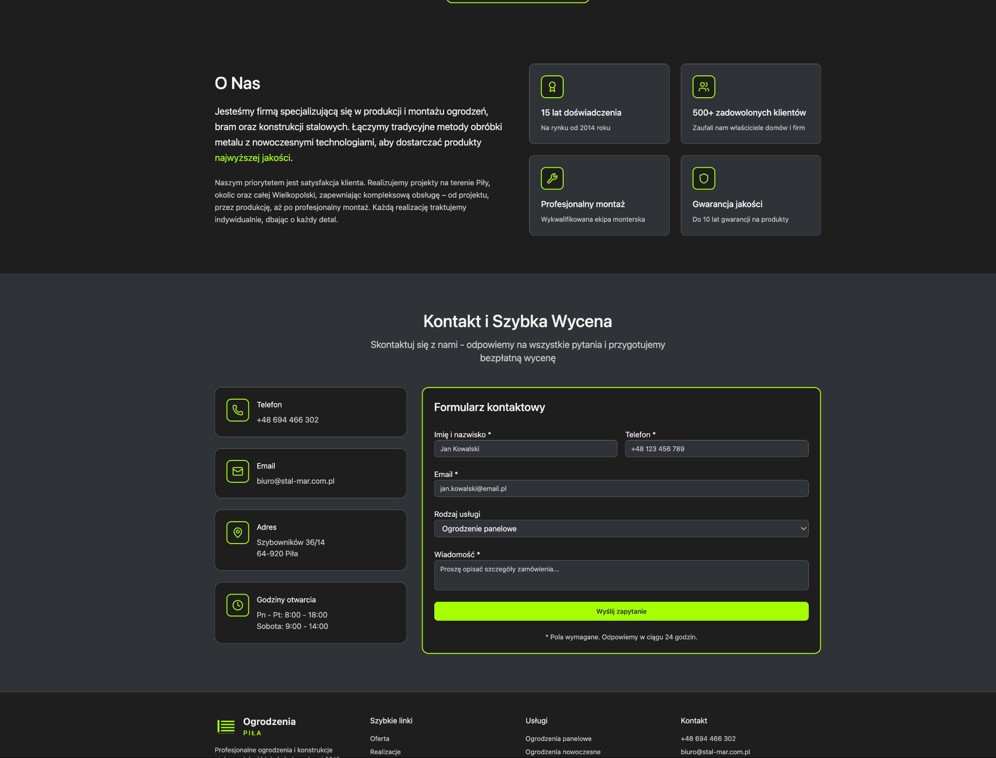 Nowoczesny landing page firmy z Piły, specjalizującej się w produkcji i montażu ogrodzeń stalowych. Formularz kontaktowy z polami na dane klienta i rodzaj usługi.