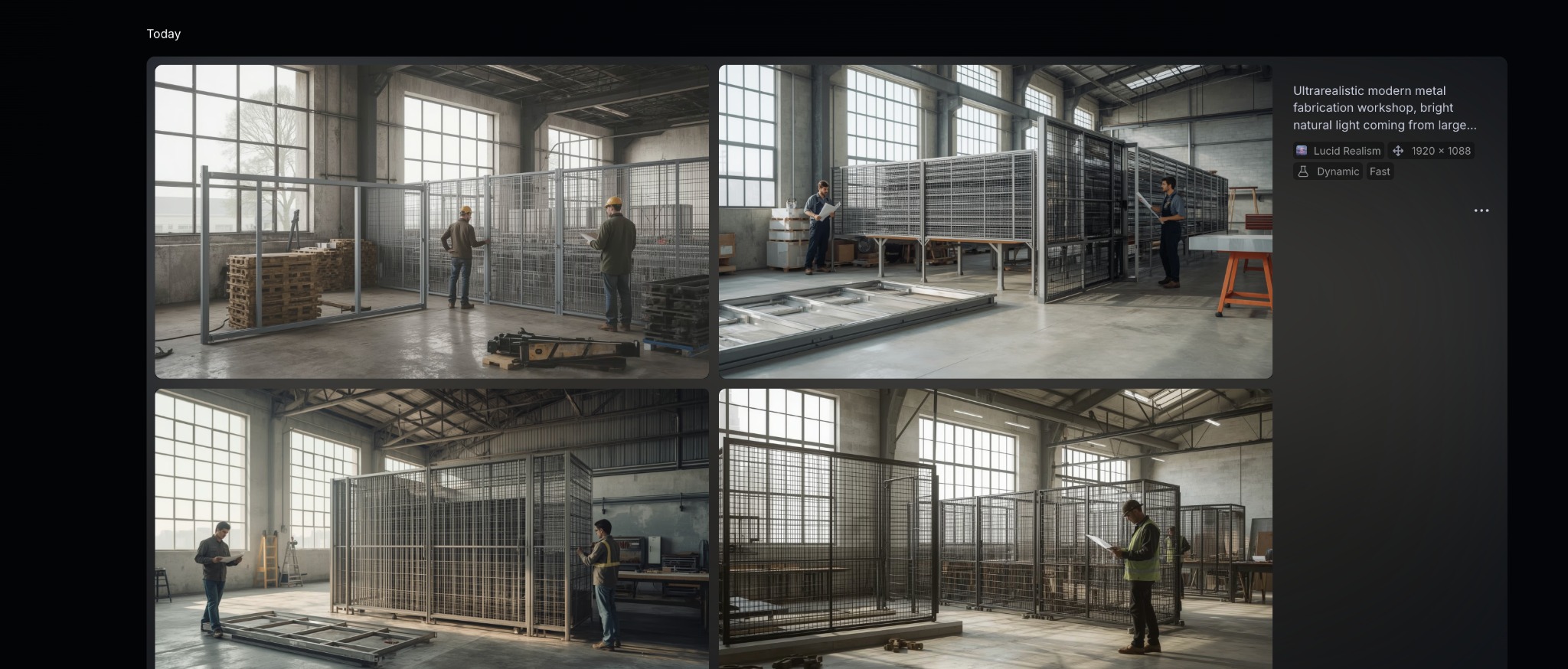 Metalowa konstrukcja klatki w hali produkcyjnej z pracownikami, duże okna w tle. Jasne, naturalne światło. Elementy konstrukcji na podłodze. Realistyczny warsztat.