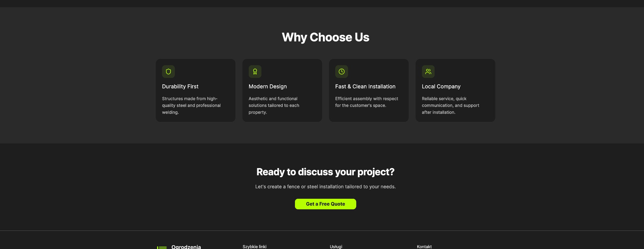Strona internetowa prezentująca ofertę firmy: trwałość, nowoczesny design, szybki montaż i lokalna firma. Czarny motyw, ikony i hasła reklamowe.