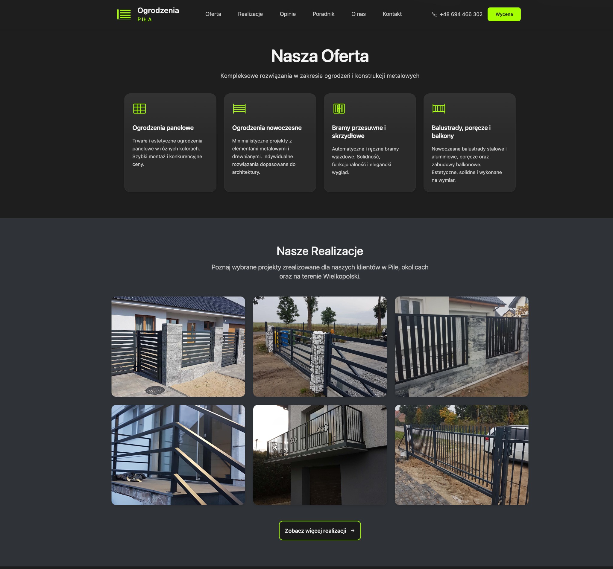 Strona internetowa firmy Ogrodzenia Piła prezentuje realizacje ogrodzeń, bram i balustrad. Nowoczesne projekty z metalu i drewna, automatyczne bramy i balustrady balkonowe.