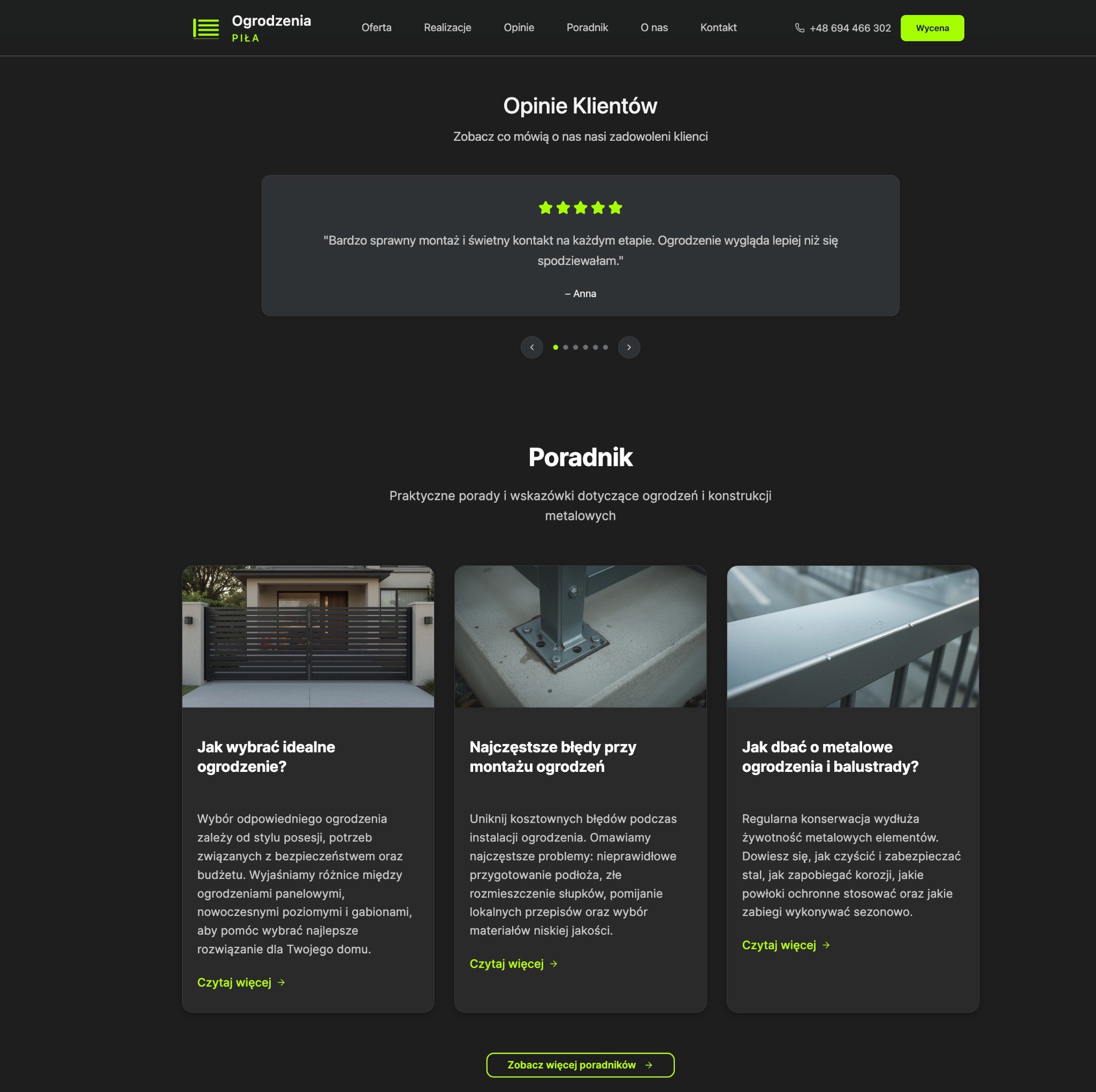 Strona internetowa firmy ogrodzeniowej z opiniami klientów, poradnikiem i ofertą. Prezentacja nowoczesnych ogrodzeń metalowych i wskazówki dotyczące ich wyboru i montażu.