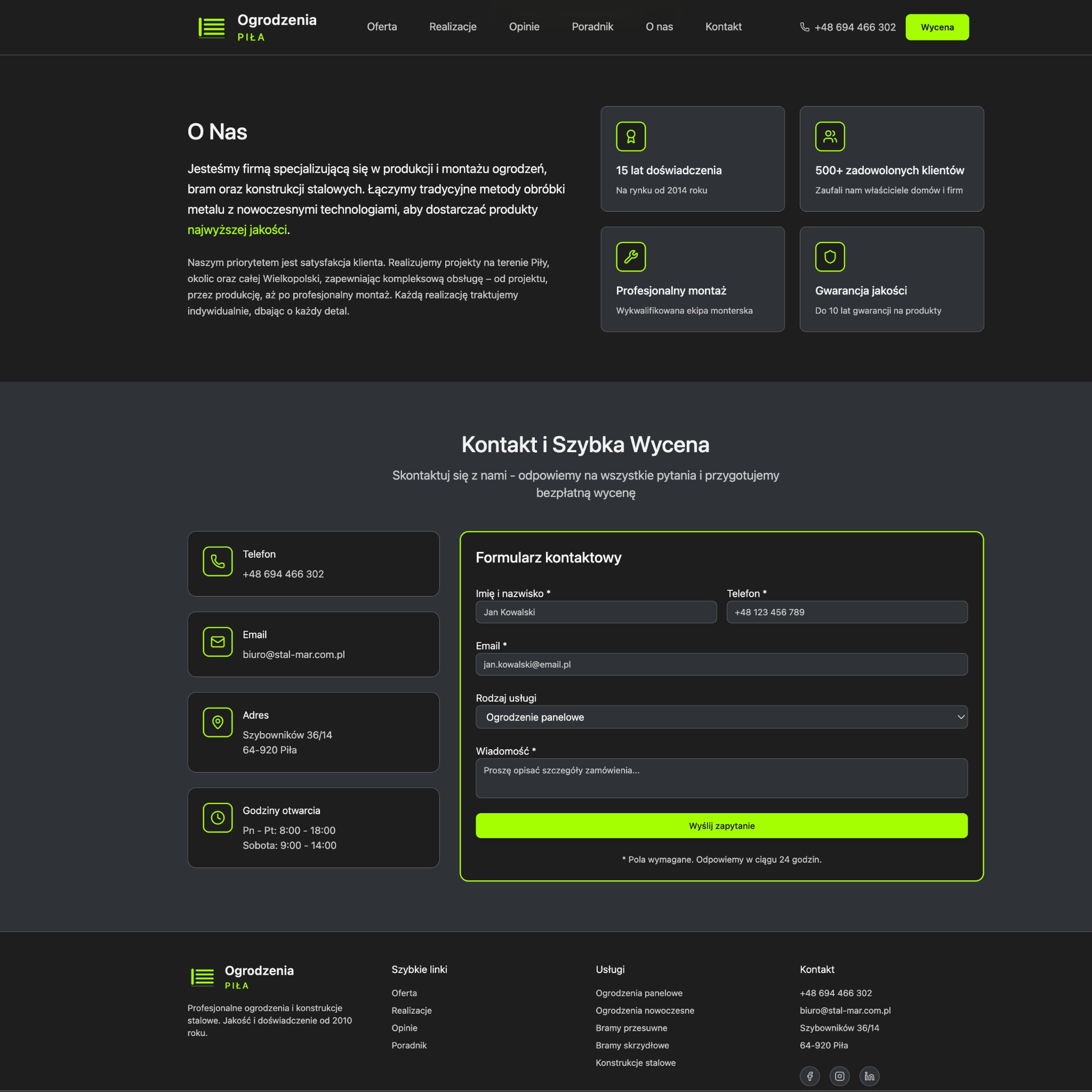 Strona internetowa firmy z Piły oferującej ogrodzenia i konstrukcje stalowe. Widoczny formularz kontaktowy, dane adresowe i informacje o doświadczeniu.