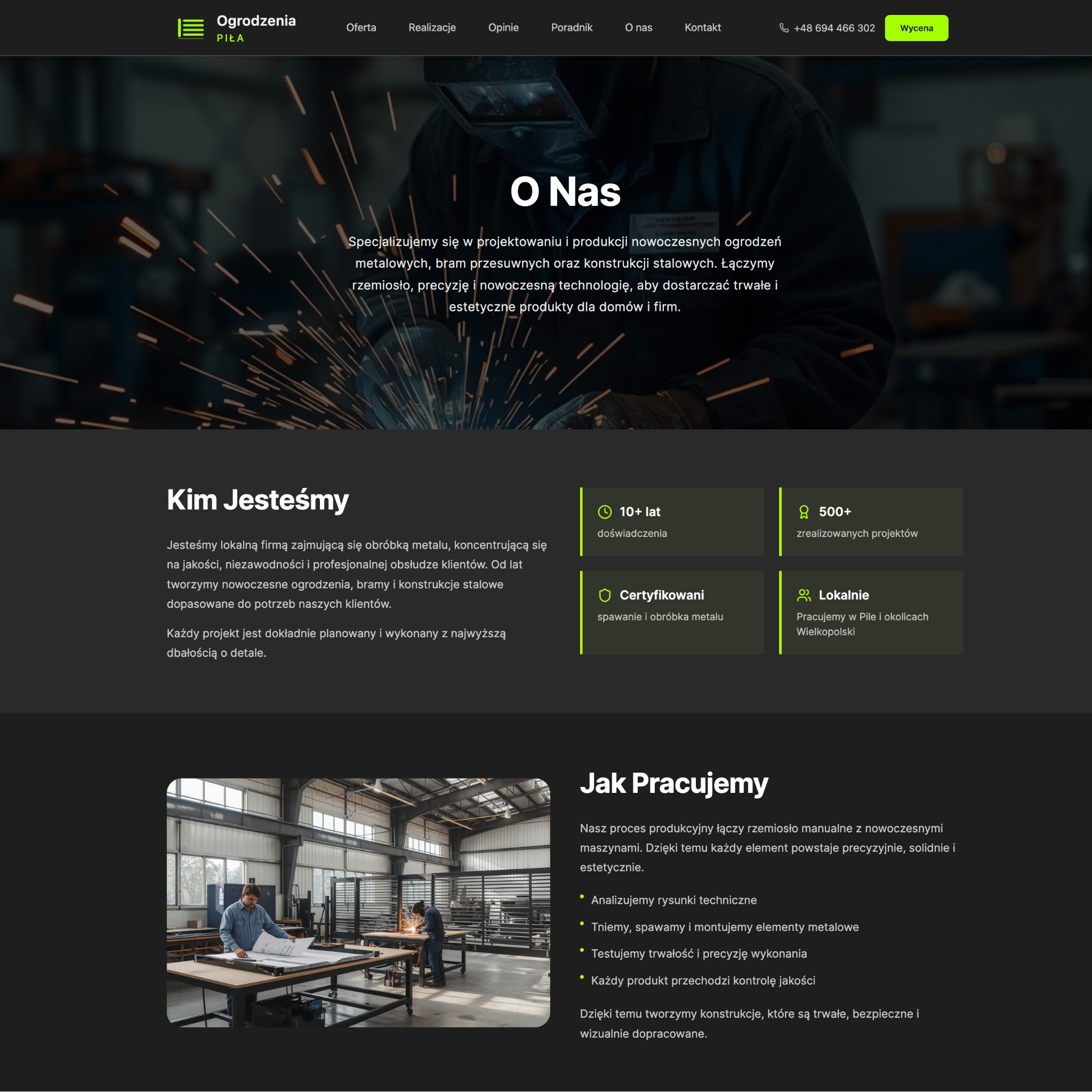 Strona internetowa firmy produkującej ogrodzenia metalowe, bramy i konstrukcje stalowe. Prezentacja oferty, doświadczenia i procesu produkcyjnego.