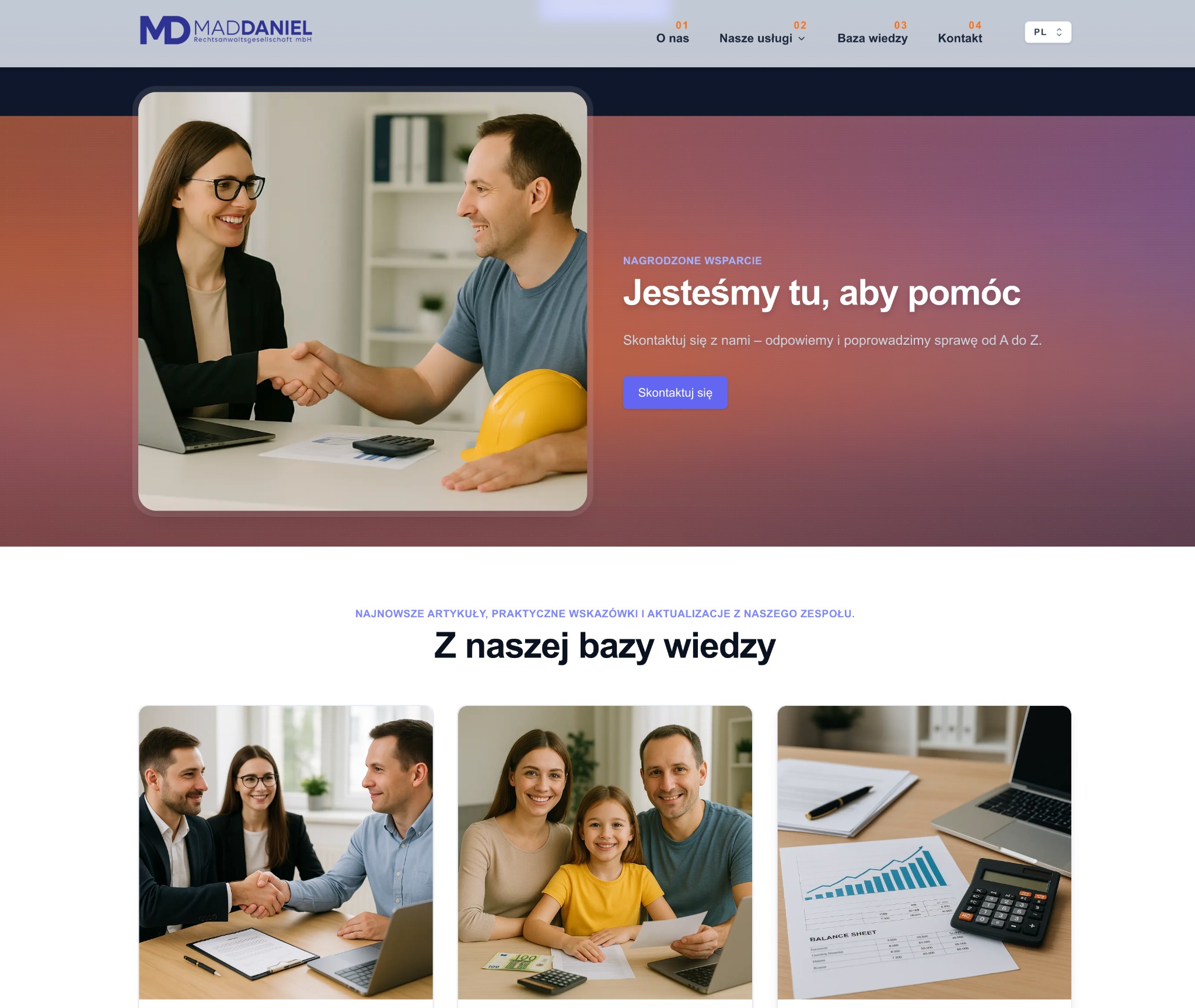 Strona internetowa firmy z sekcją 'O nas', prezentująca uśmiechniętych profesjonalistów podczas uścisku dłoni, symbolizującego partnerstwo i zaufanie.