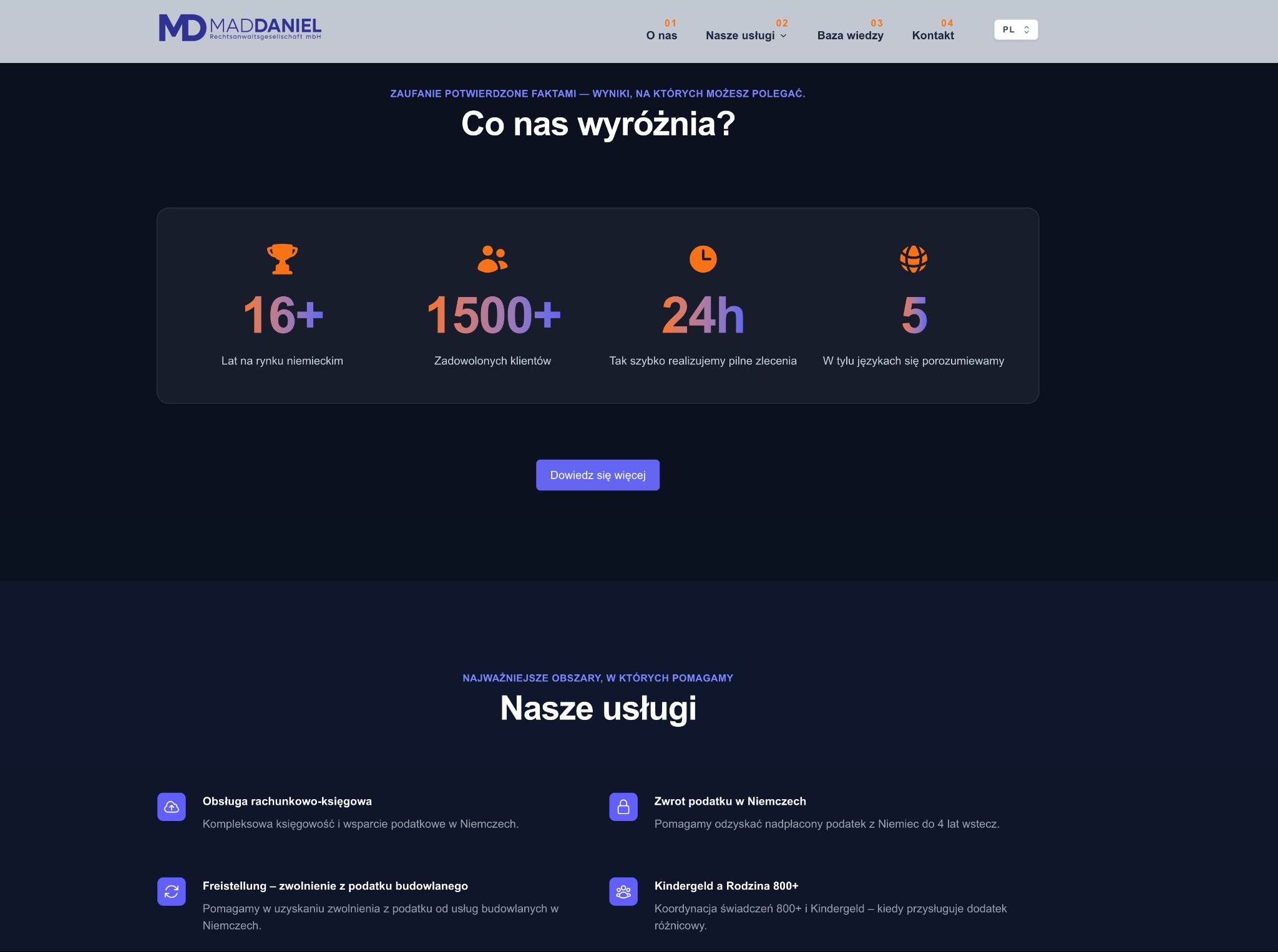 Nowoczesna strona internetowa firmy MD Daniel prezentująca statystyki: 16+ lat na rynku, 1500+ zadowolonych klientów, realizacja zleceń w 24h i obsługa w 5 językach.