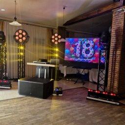NEXA ENERGY DJ event Leszek Korycki - Profesjonalne nagłośnienie i oświetlenie eventowe: okrągłe lampy LED, ruchome głowy, głośniki, DJ-ka i ekran z napisem '18 Wszystkiego najlepszego' w sali z drewnianą podłogą.
