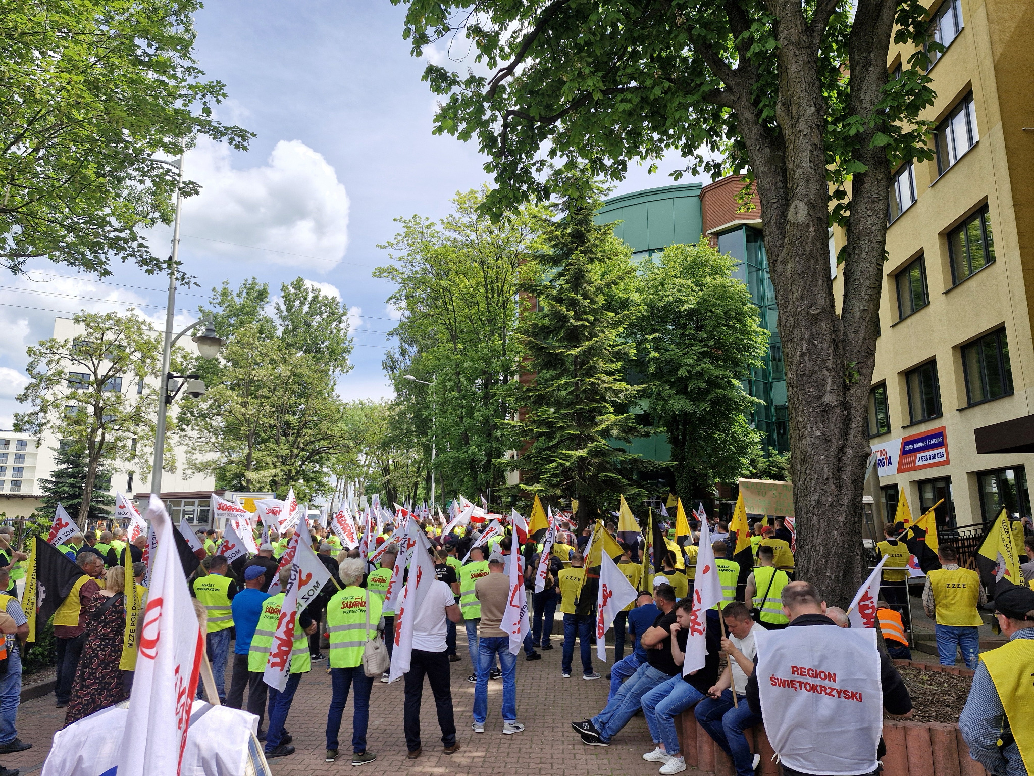 Zgromadzenie ludzi z flagami i transparentami na tle zieleni miejskiej i budynku. Uczestnicy w żółtych kamizelkach. Dzień słoneczny, widok na drzewa i budynki.