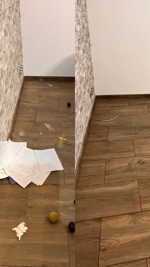 Zdjęcie typu 'przed i po' przedstawia fragment podłogi z brązowych płytek. Po lewej stronie podłoga jest zabrudzona, po prawej czysta. Widoczne ściany z cegieł.